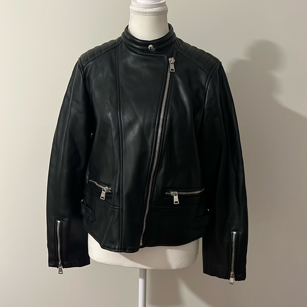 Black large leather Zara jacket with zippers